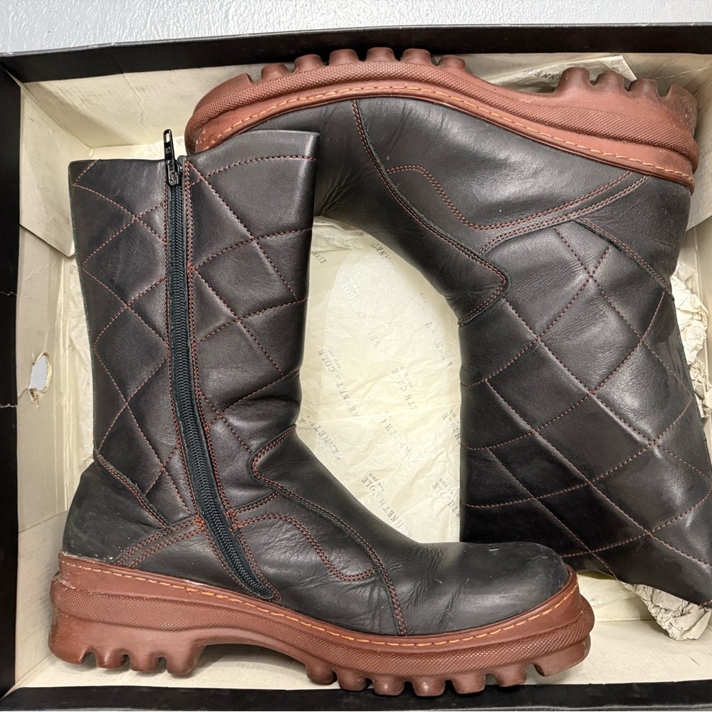 Quilted Black Leather Boots with Brown Soles